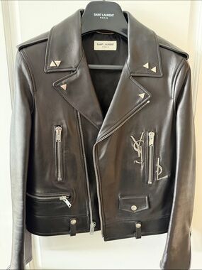 Saint Laurent Black Leather Studded Moto Jacket
